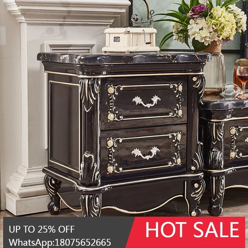 

HLZ European Style Marble Side Cabinet Bedroom Bedside Storage Cabinet Living Room Solid Wood Carved Small Wine Cabinet