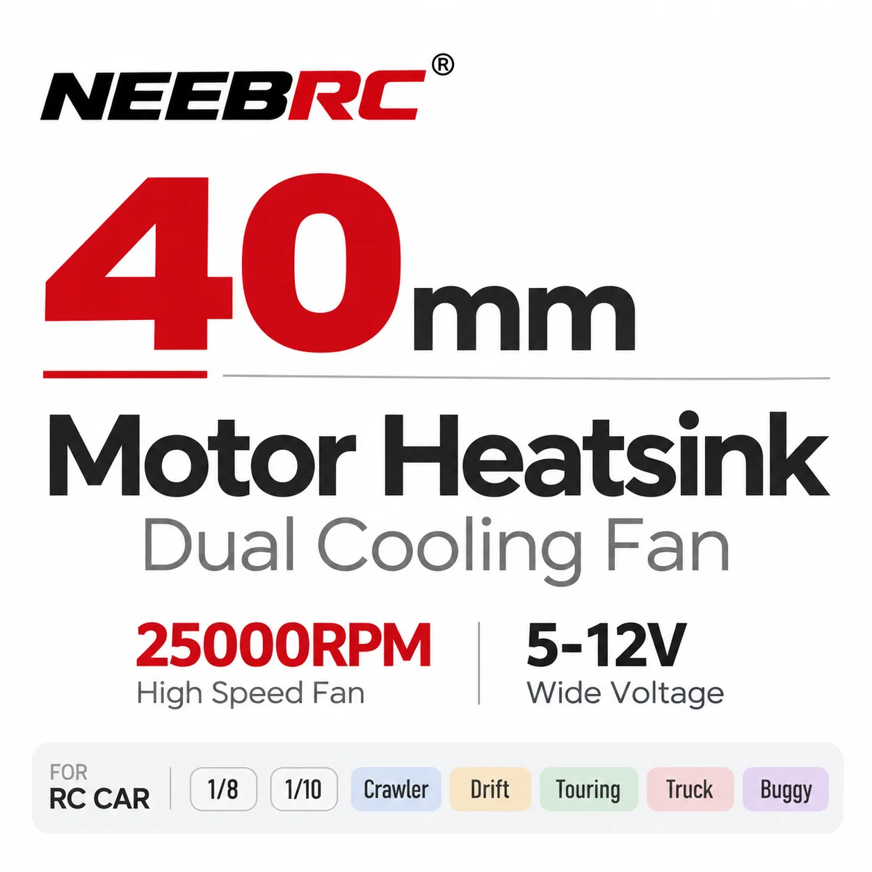 NEEBRC 40mm Motor Heatsink Dual Cooling Fan 25000RPM 5-12V for RC Car Brushless Motor 1/8 1/10 Crawler Drift Touring Truck Buggy