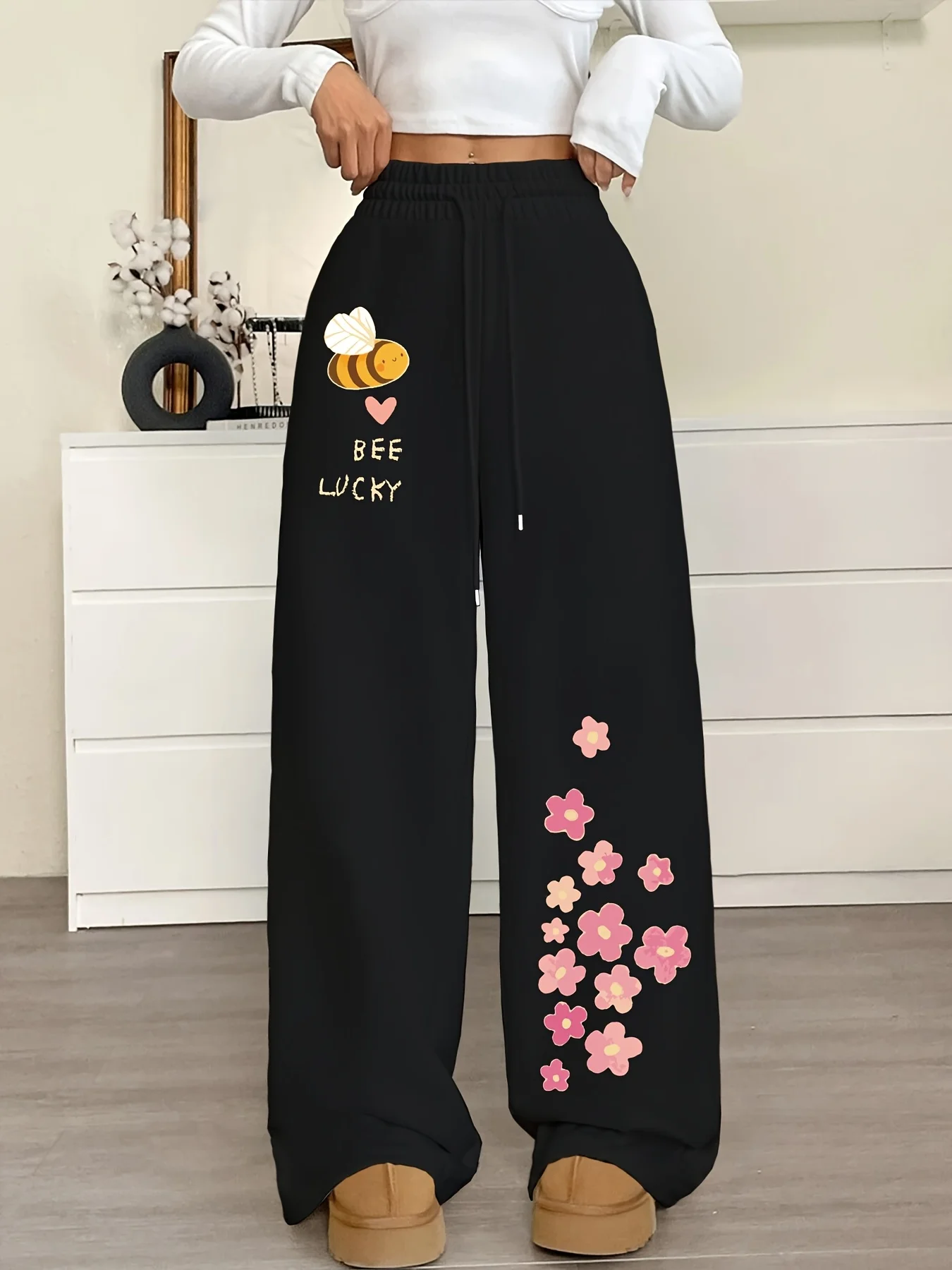 

Женские осенние и зимние свободные прямые флисовые спортивные штаны больших размеров с мультяшным принтом, уличная одежда с эластичным поясом, универсальная