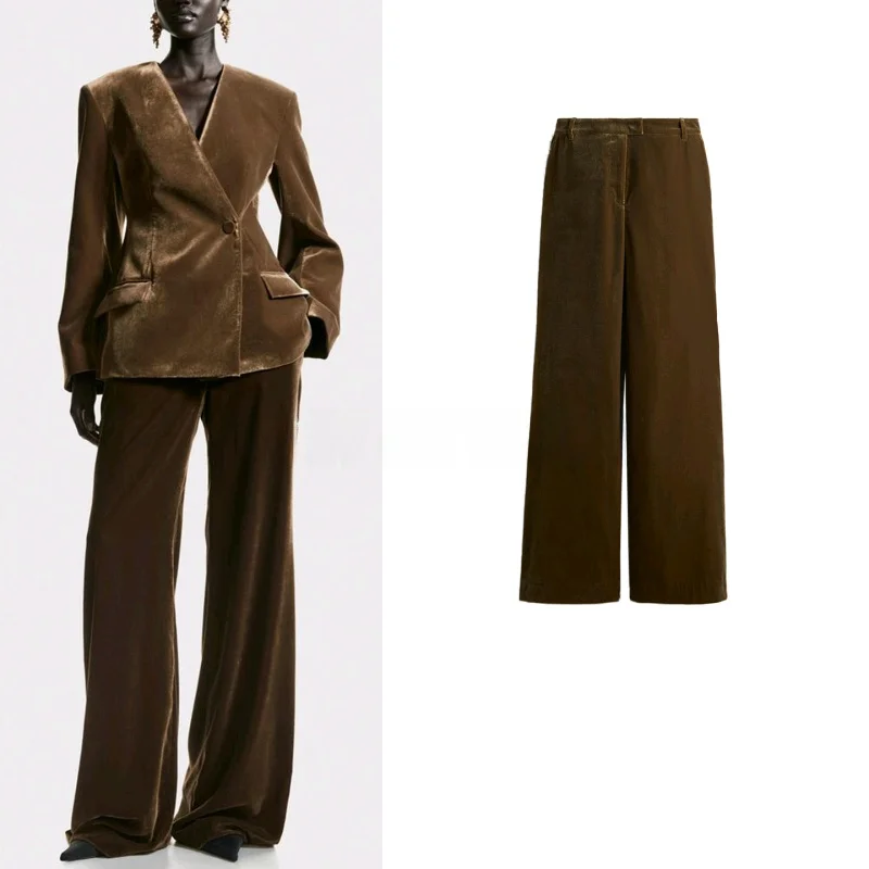 

Velvet Zipper mid Waist Pants And Jacket Set Women's Fashion Autumn Winter Two Piece Suit V Neck Pocket Design Outerwear