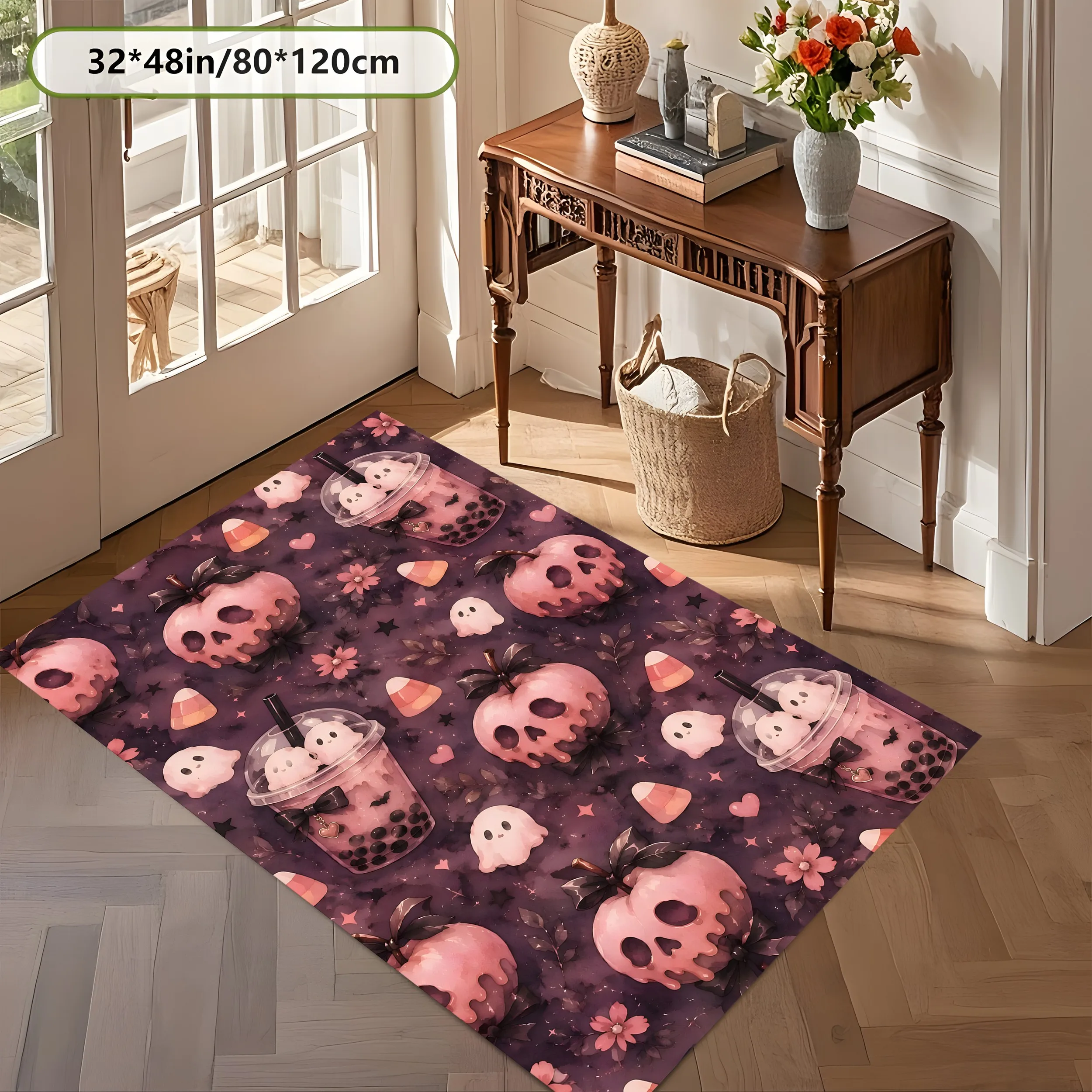 Large Area Rug Halloween Skull Ghost Milk Tea Print Soft Velvet Living Room Bedroom Home Decor Area Rug