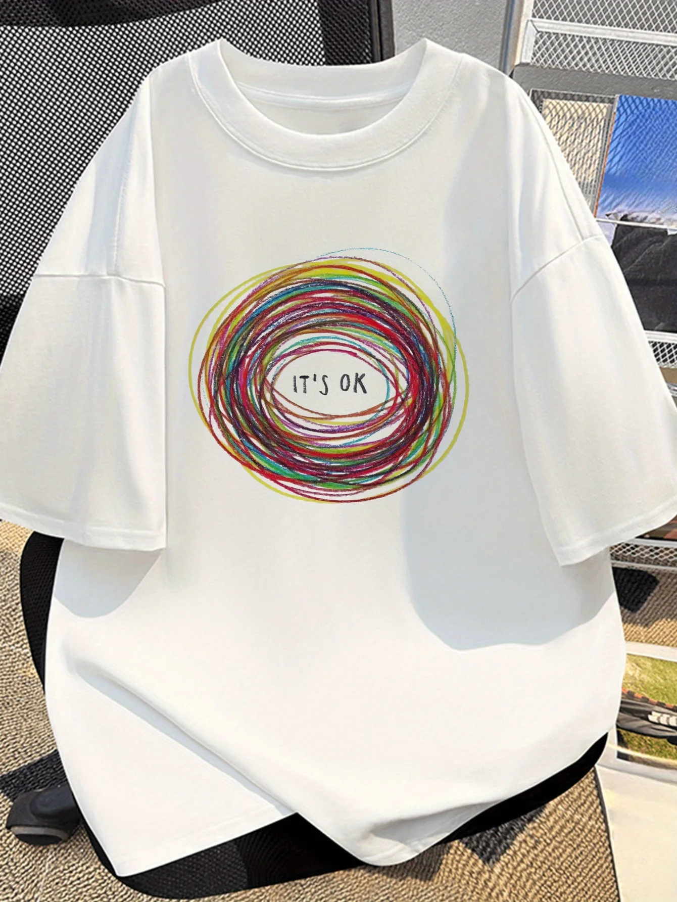It's Ok Letter Print T-Shirt Women Men Aesthetic Colorful Scribble Circle Graphic Tee Summer Short Sleeve Harajuku Unisex Tops