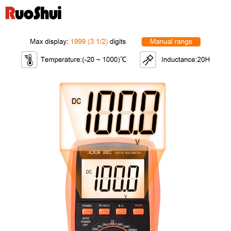 Victor 88C Multimeter 2000MΩ Resistance Inductance New 20H Large LCD Display True RMS 1000V/20A AC DC with Temperature Frequency