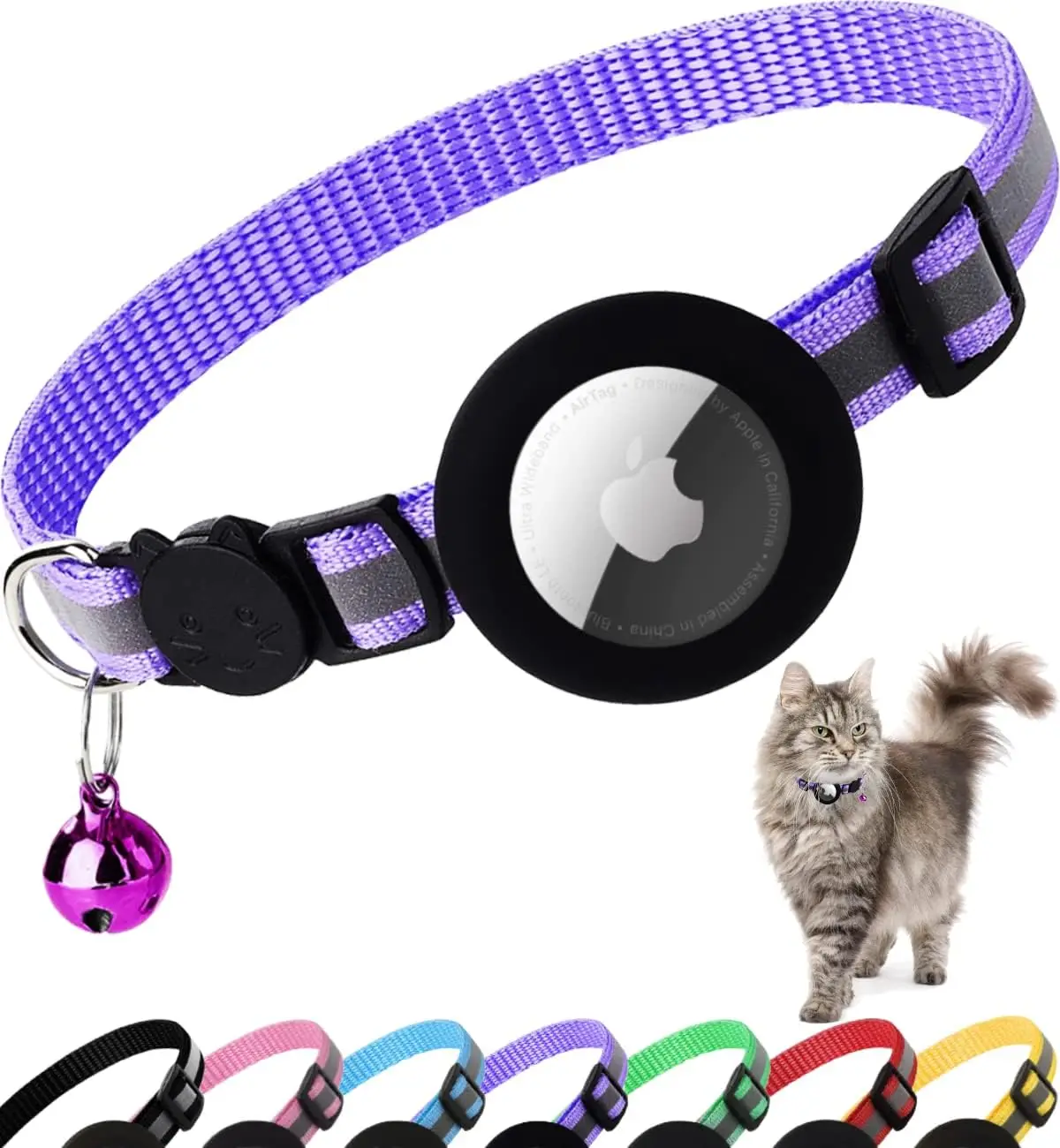 Cat Collar Airtag Breakaway Reflective Kitten Collar with Bell for Apple Air Tag Holder Bell Nylon Silicone Collar for Cats
