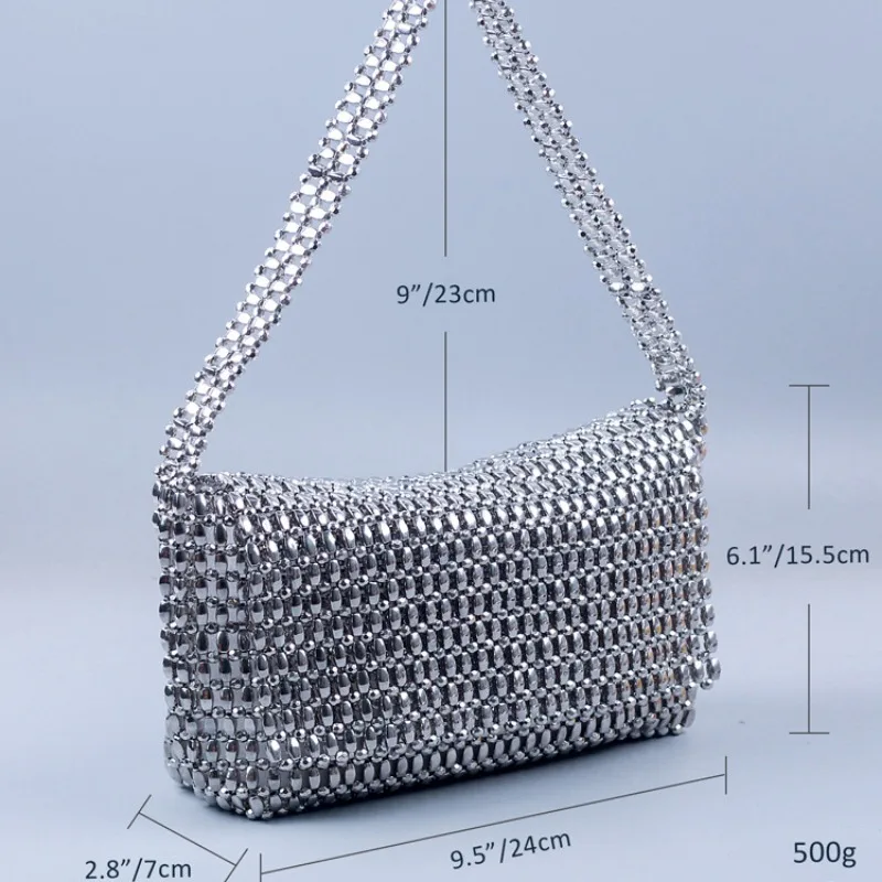 Handmade Metal Silver Beaded Bag Luxury Design Hollow Out Shoulder Underarm Bag Party Evening Club Armpit Bag Purse High Quality