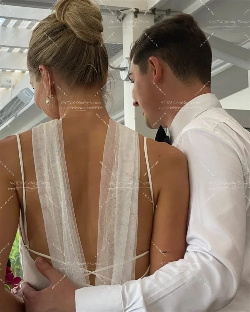 MODX Chic Ivory Wedding Dress Spaghetti Straps Scarf Neck Satin A-Line Silhouette Floor Length Bridal Party Gown Evening Wear