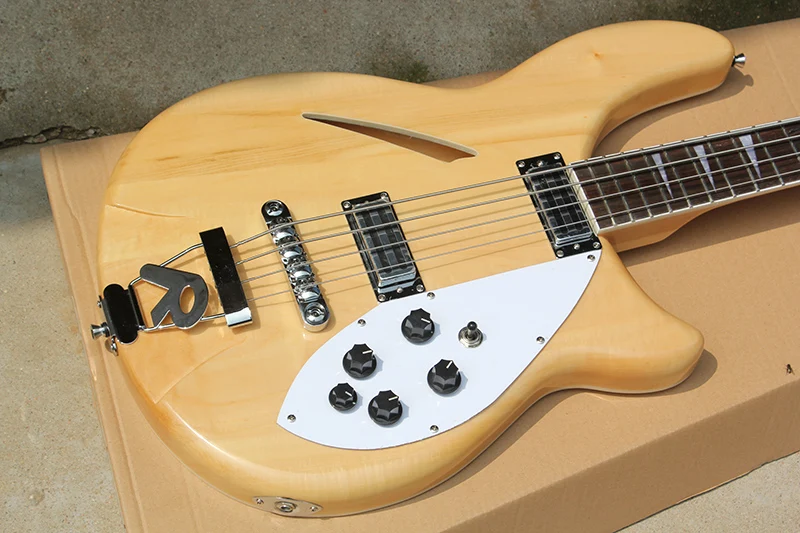 Flyoung Factory Natural Wood Color Electric Bass Guitar with 4 Strings Bass Semi-Hollow Body