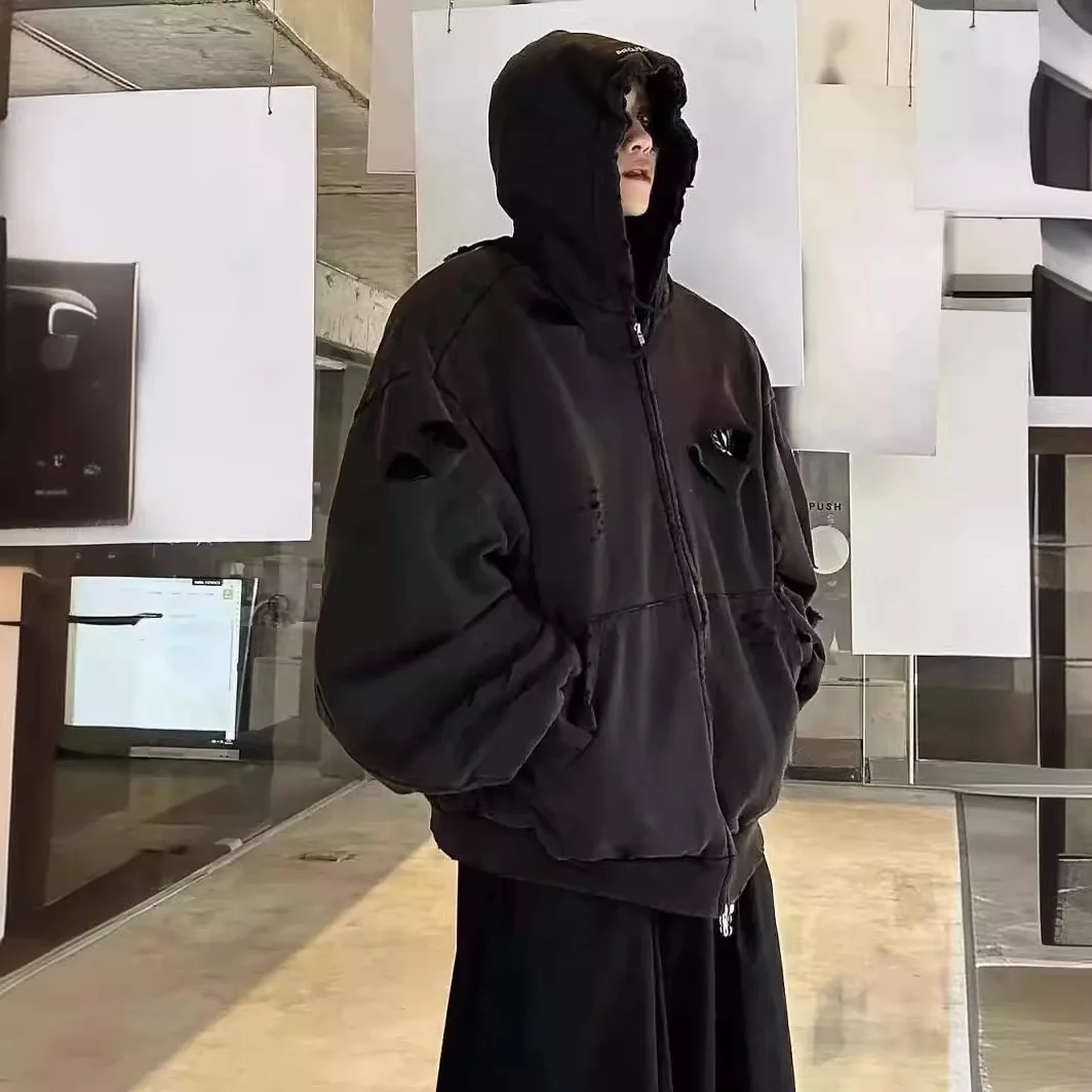 

Grailz Washed Black Damaged Vintage Hole Double Zipper Sweatshirt for Women Korean Version Coat