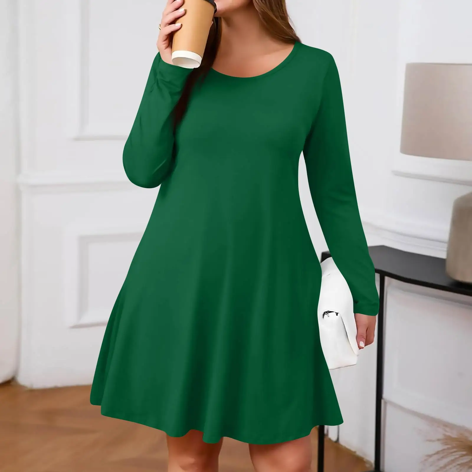 

Платье больших размеров для женщин, однотонное повседневное платье, весна/осень, платья с карманами и круглым вырезом, длинными рукавами, платья femenino