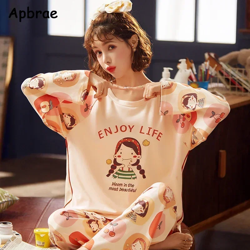 100% Cotton Pajamas Set Autumn Winter Cute O-neck Pajama Long Sleeve Long Pants Women Pijamas Fashion Loungewear for Girl