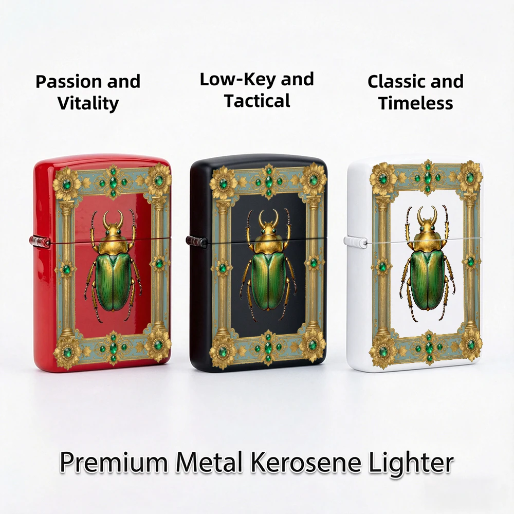 Vintage Flip Top Lighter lighters vintage Golden Green Beetle Ornate Gem Golden Floral Frame Retro Decor lighters for smokers