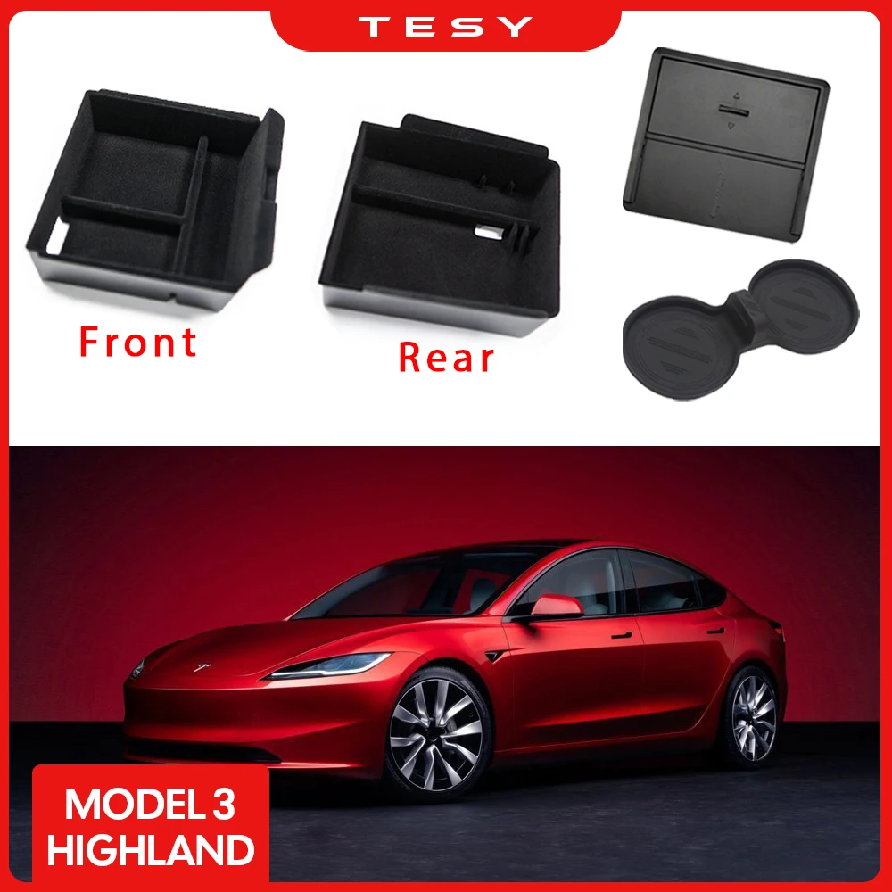 

For 2024 Tesla New Model 3 Highland Hidden Storage Box Car Center Console Armrest Front and Rear Flocking Layered Grid Organized