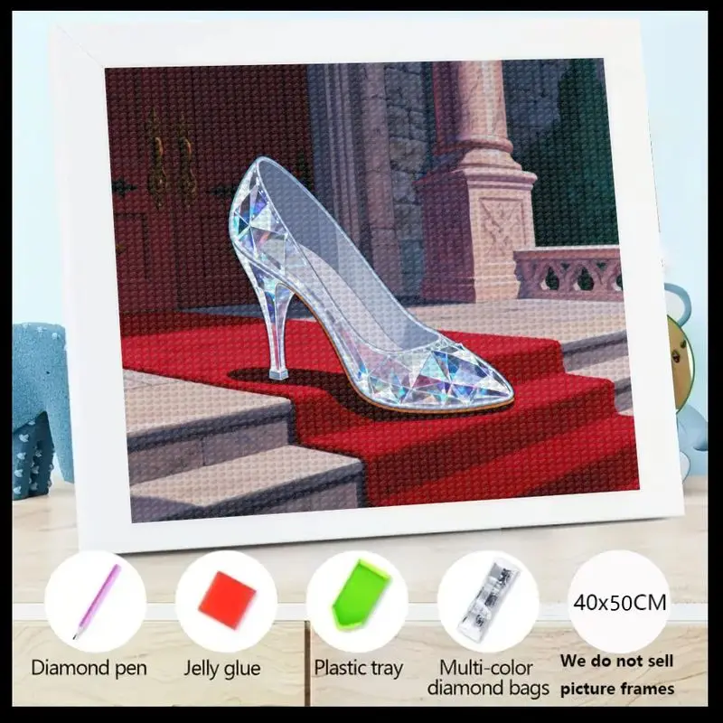 

1PC 5D DIY Full Drill Diamond Painting Kit, Sparkling Cinderella Glass Slipper on Royal Red Carpet, Crystal High Heel Gem Art Rh