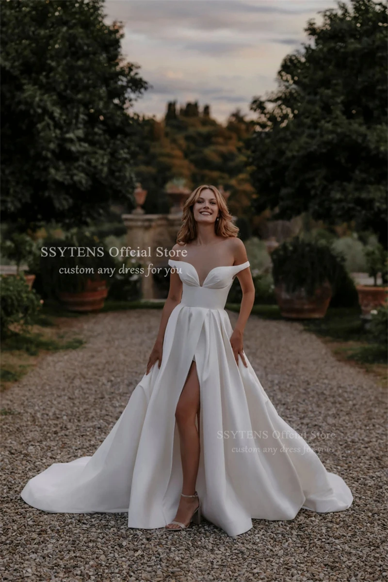 SSYTENS Elegant Ivory Civil Wedding Dresses Off the Shoulder Bride Dress Floor Length Bridal Gowns Customized Vestido De Noiva