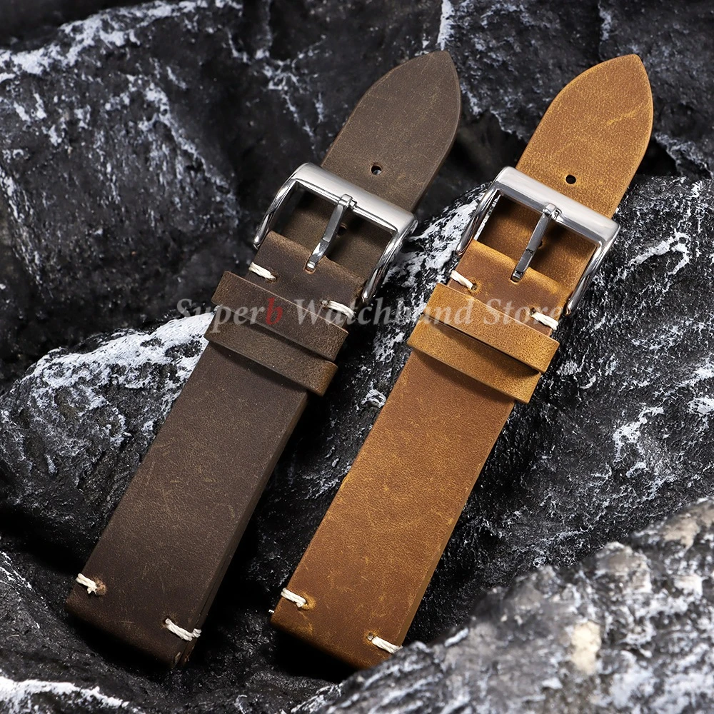 Vintage Ölwachs Leder Uhrenarmband für Seiko Handgefertigte Nähte Rindslederarmband für Omega Smartwatch Armband 18mm 20mm 21mm 22mm