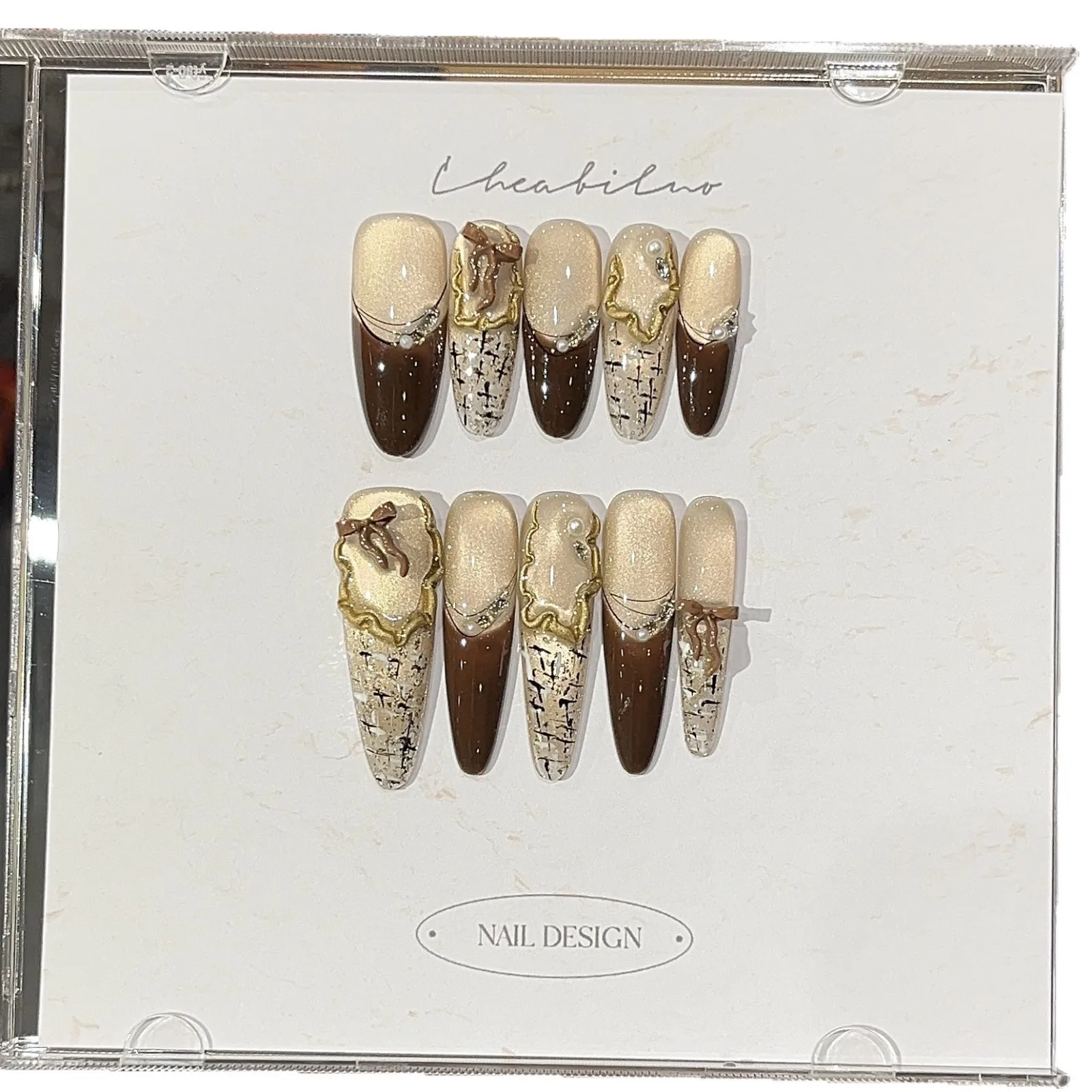 10 قطعة الصحافة الاكريليك اليدوية على الأظافر الرجعية الباروك خطوط مرآة سحرية مسحوق القط العين مزاجه الفرنسية يرتدي أظافر صناعية #5