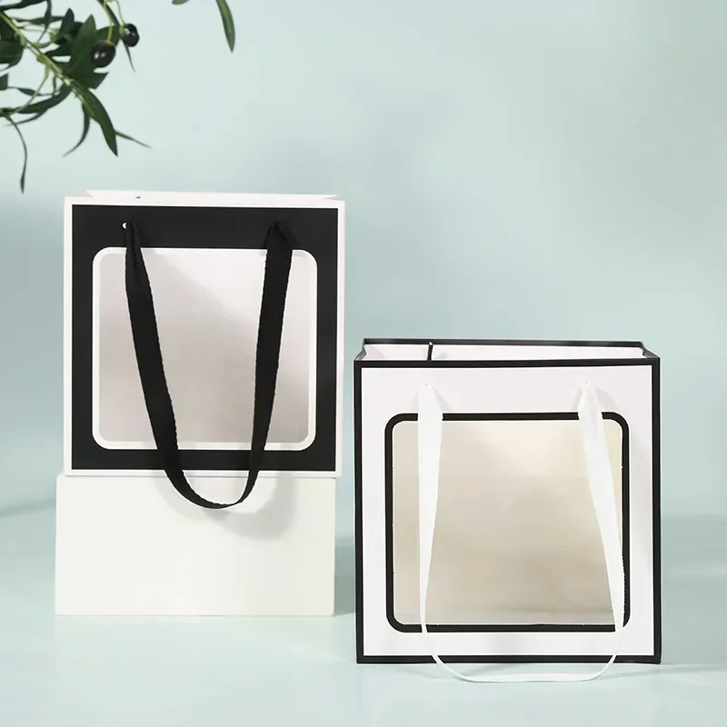 12PCS Birthday Box Pouch with Ribbon Large Size Transparent Window Square Bag Kraft Paper Gift Handbag Cake Flower Packing Bags