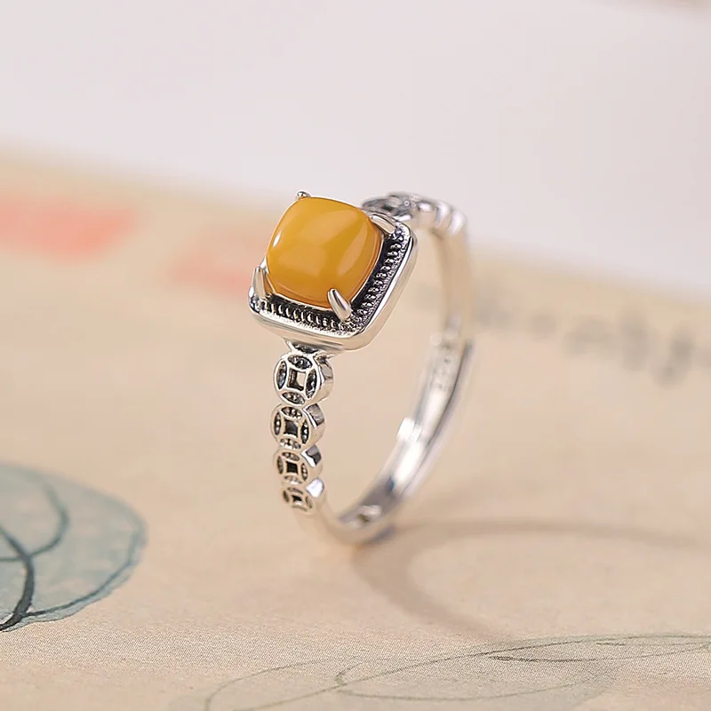 

S925 Sterling Silver Amber Coin Square Women'S Open Ring Versatile Style