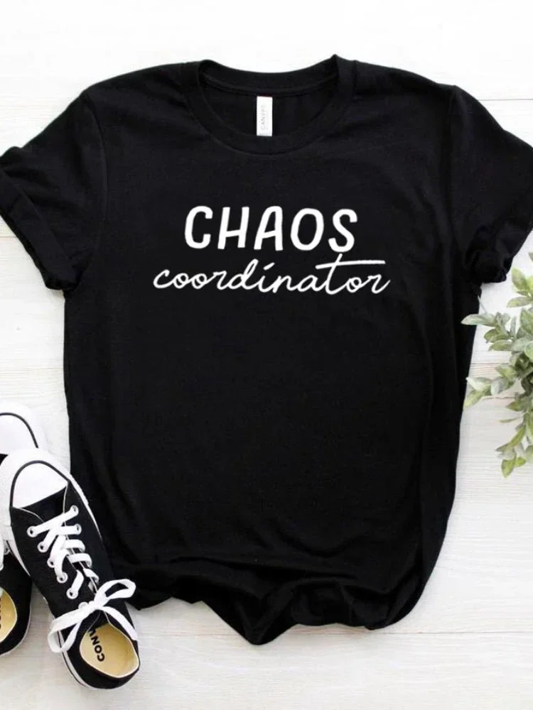 Women T Shirt Chaos Coordinator Letters Print Crop Top Women  Casual Short Sleeve O Neck  Comfortable Ladies Soft Creative Tops