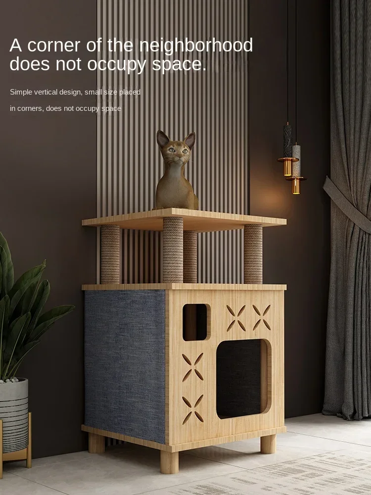 Cat nest solid wood four-season universal villa closed cat house climbing frame human and cat shared bedside table