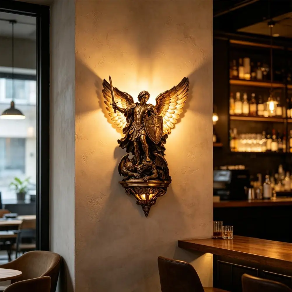 Wall Lamp Reading Nook Lamp Archangel Michael Wall Lamp Vintage Resin Led Sconce Angel Decorative Light Mythology for Bedroom
