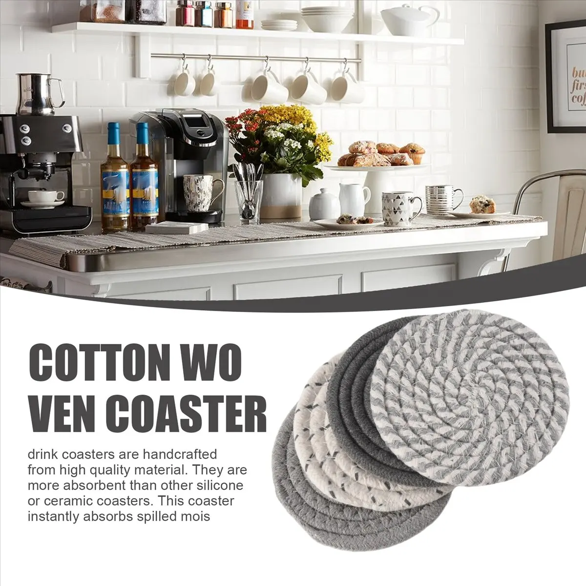 【ELEVATE LIFE】8 Pcs Drink Coasters with Holder, 4 Colors Absorbent Coasters for Drinks, Minimalist Cotton Woven Coaster Set for