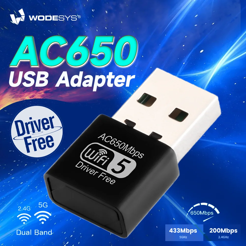 WODESYS 650M Wi-Fi USB Adapter Drive Free Wireless Network Card 2.4G/5G Dual Frequency WiFi Receiving Transmitter For PC