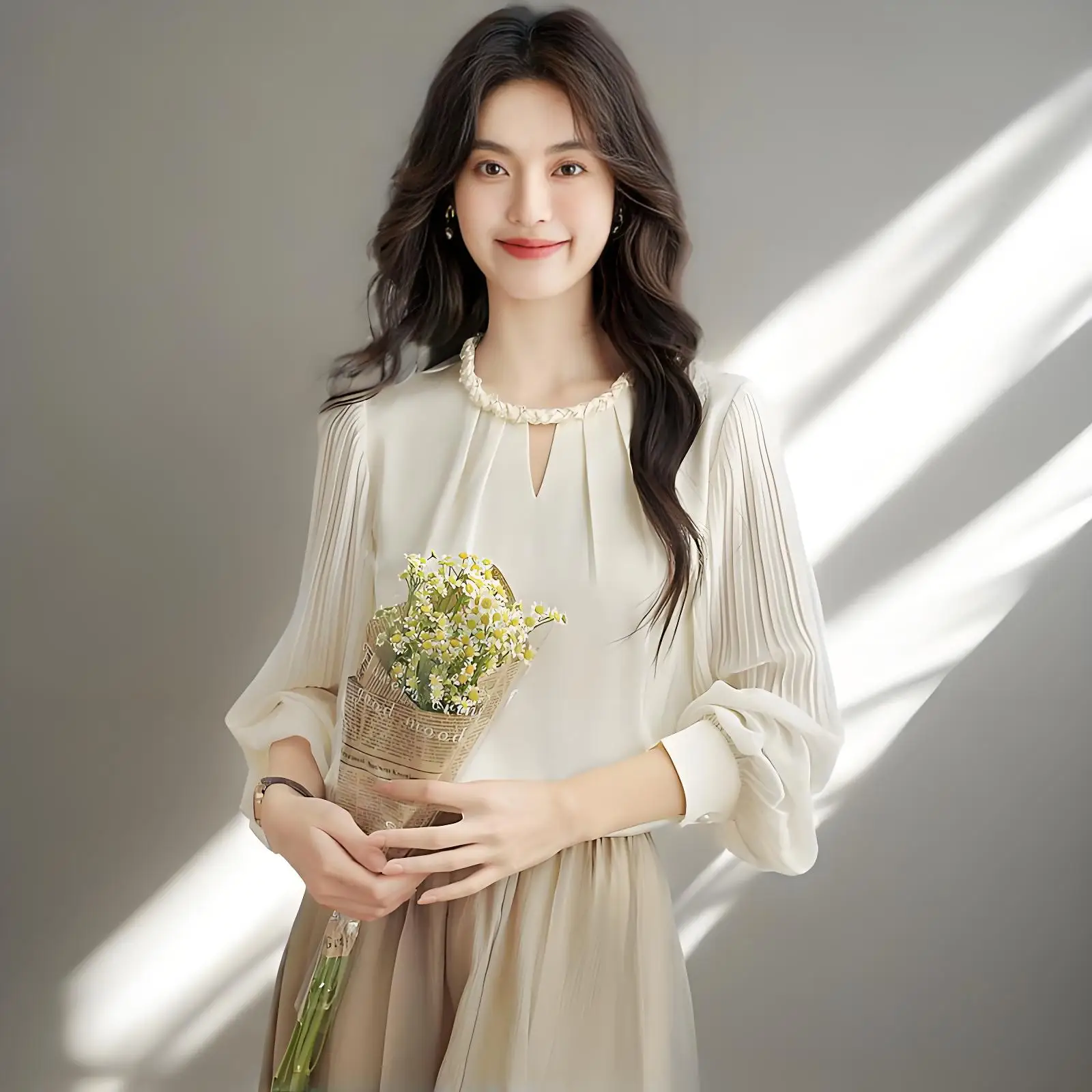 

Высококачественная женская рубашка с длинными рукавами, шикарный дизайн со складками, повседневные однотонные шифоновые рубашки, модные женские блузки, винтажные топы 2025 года