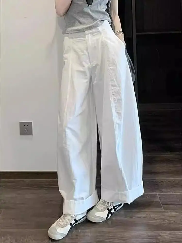 فضفاض مستقيم الساق السراويل الكورية Sle كسول شعور فضفاض الأبيض عمال بنطال ذو قصة أرجل واسعة صيف 2025 بناطيل كاجوال