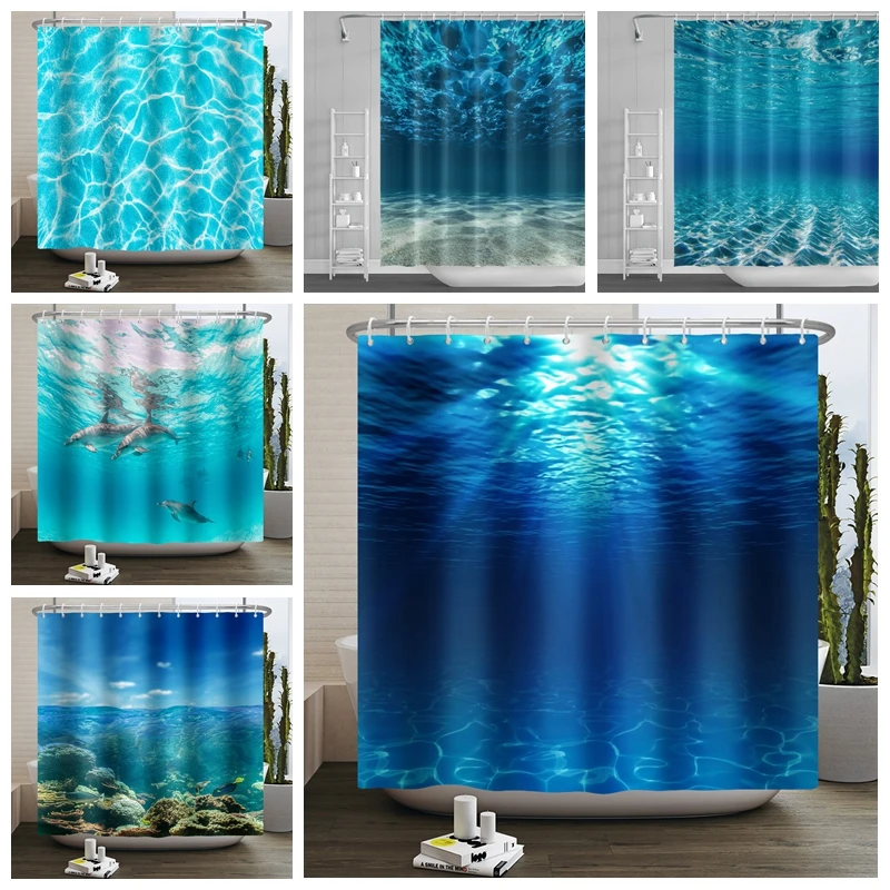 

Ocean Shower Curtain Tropical Seascape Bright Sunshine Through Deep Blue Sea View Underwater Picture Bathroom Curtains