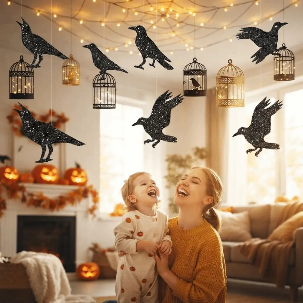 12pcs Dark Glittery Halloween Garland Thick Paper Lightweight Black Crow Hanging Decor Ready To Hang Flat Pack