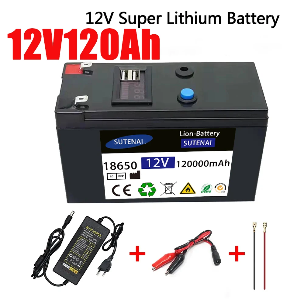 

12V Battery 120Ah 18650 lithium battery pack Rechargeable battery for solar energy electric vehicle battery+12.6v3A charger