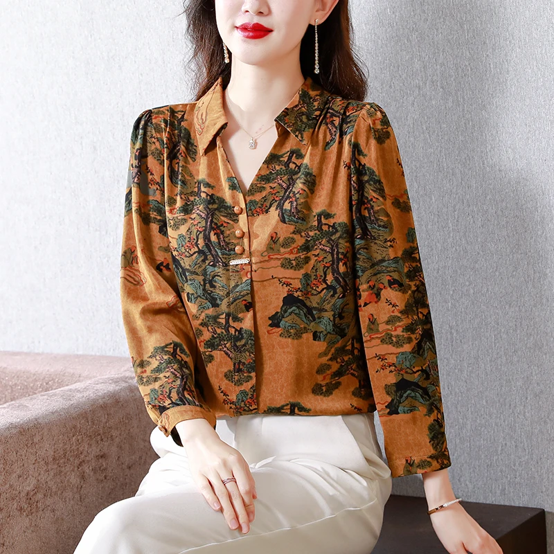 Women\'s Shirts Loose Printed Vintage Blouses Spring/Summer Clothing Fashion V-Neck Long Sleeves Women Tops