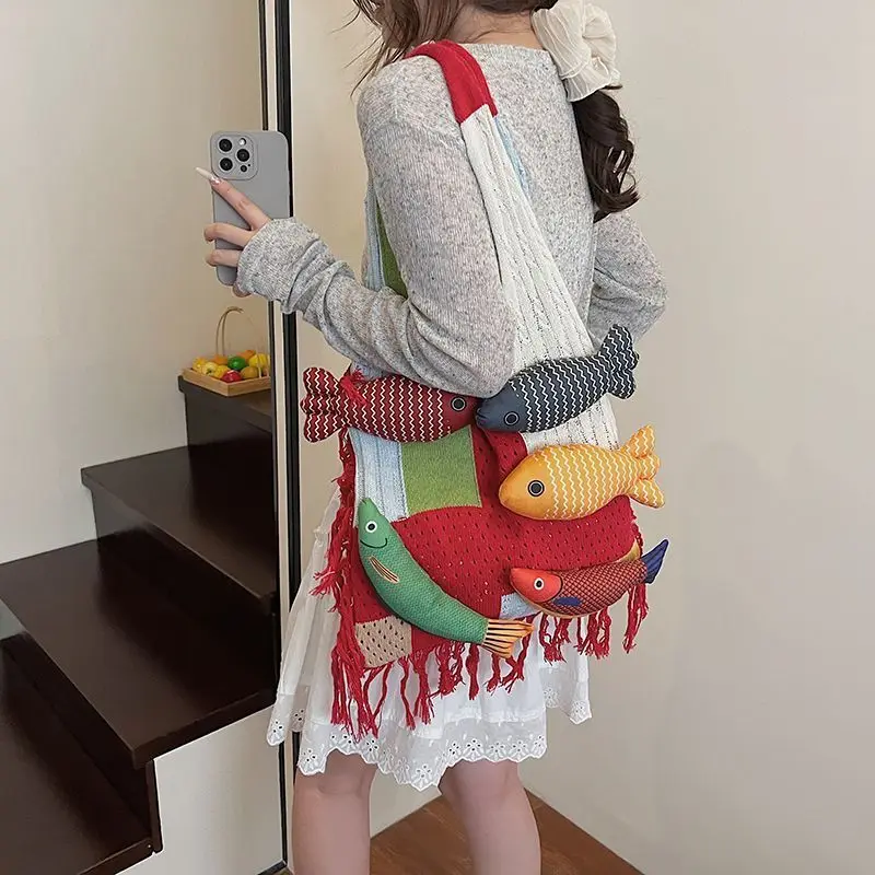 

JIAERDI Unique Design Knit Wool Woven Tote Bag Women Fringe Patchwork Large Capacity Shoulder Bags Ladies Fish Vacation Handbag