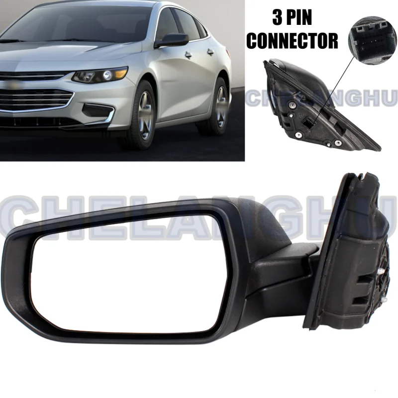 Mirror Assembly For Chevrolet Malibu 2016 2017 2018 2019 2020 2021 2022 US Version Left Side 3 Pins Satin Black Power Adjust