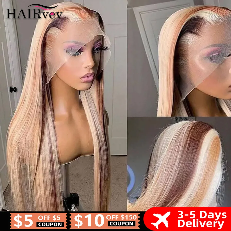 4/613 Straight Lace Front Wigs 13x4 Highlight Ombre Human Hair Wig Honey Blonde 13x4 HD Transparent Lace For Women Pre Plucked