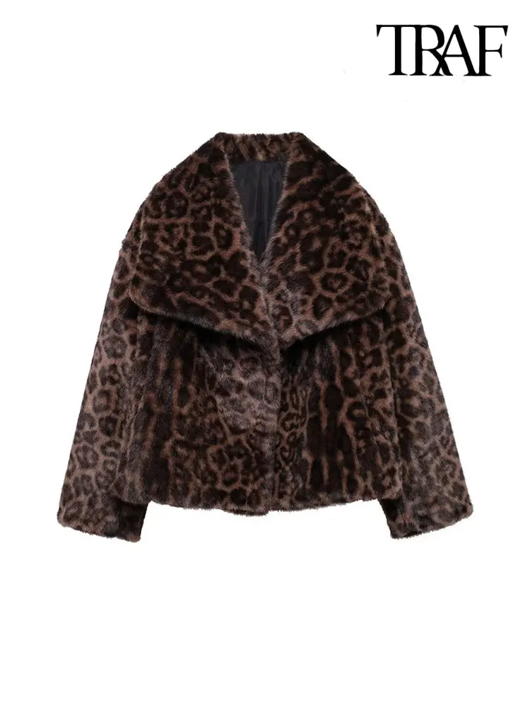 TRAF-Women\'s Thick Warm Leopard Faux Fur Jacket, Lapel Collar Coat, Long Sleeve Female Outerwear, Chic Tops, Fashion