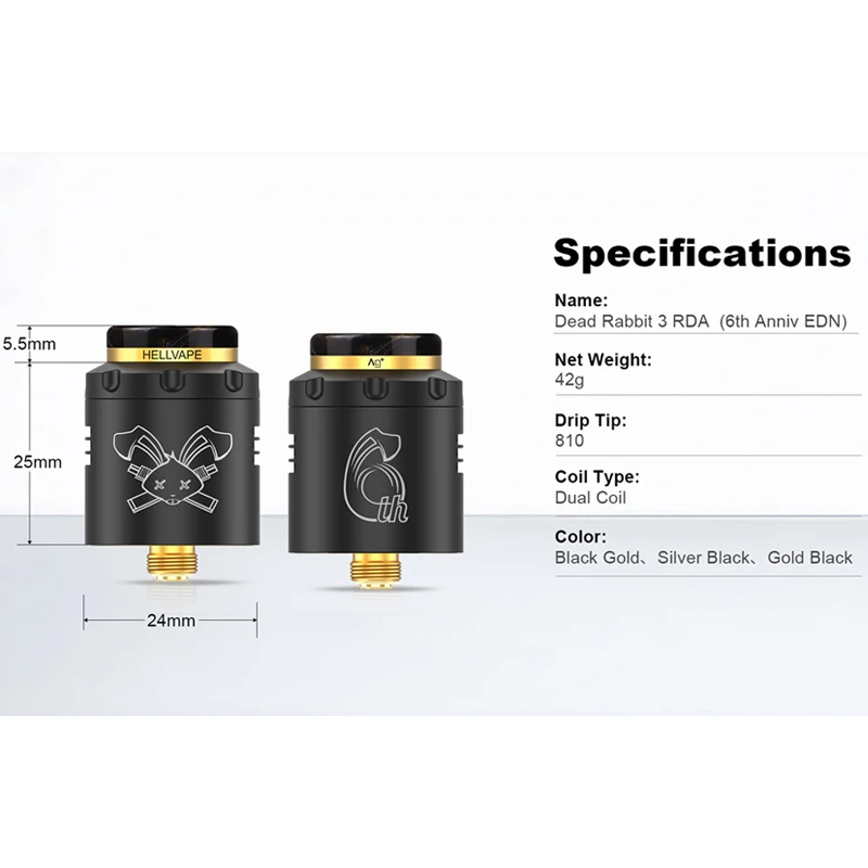 Original Hellvape Dead Rabbit 3 RDA 6th Anniversary Tank Vape Atomizer 510 Thread 810 Drip Tip Dual Coil Electronic Cigarette