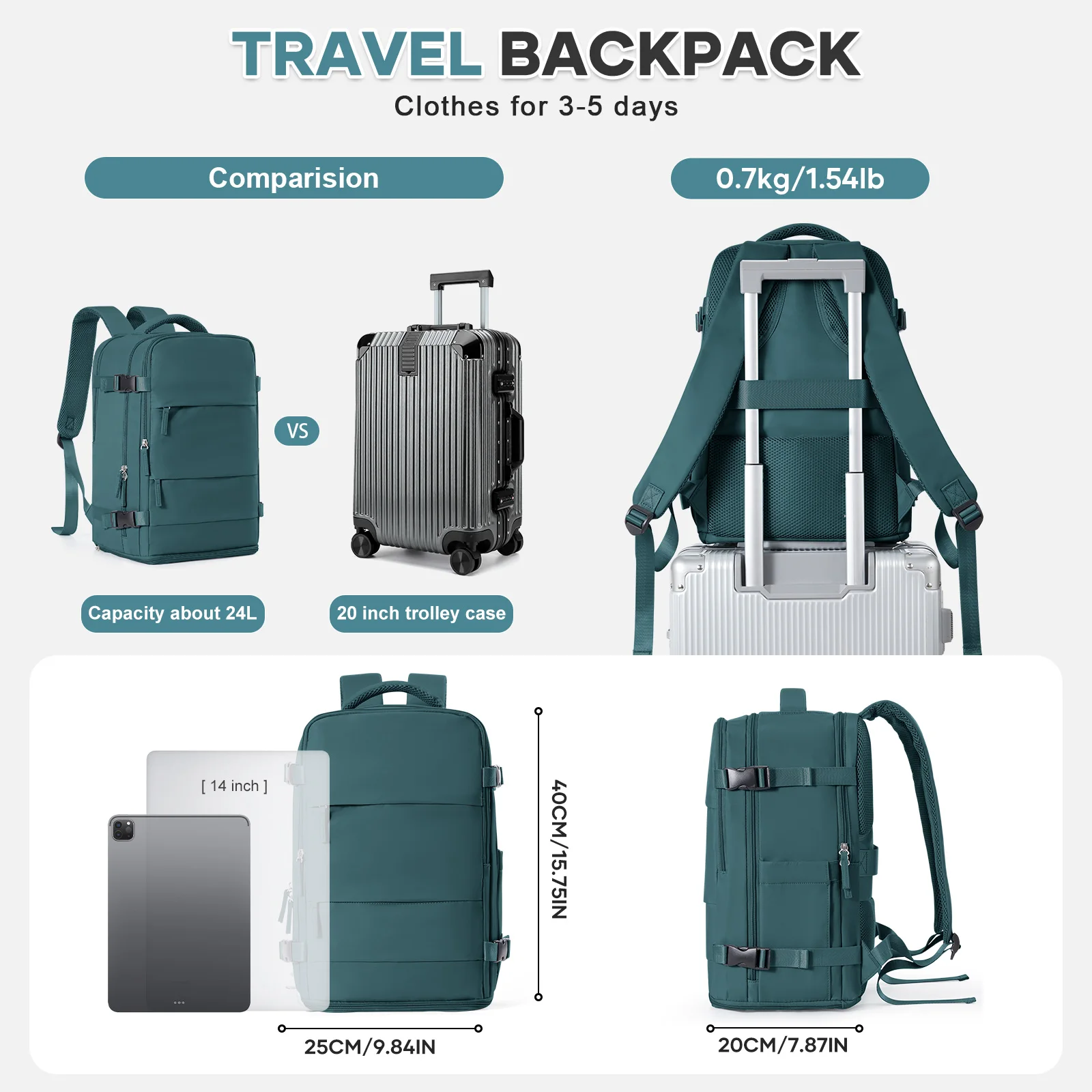 Mochila de viaje informal para hombre y mujer, mochila portátil para equipaje de mano, mochila escolar para ordenador portátil, mochila de viaje cabina avion 40x20x25