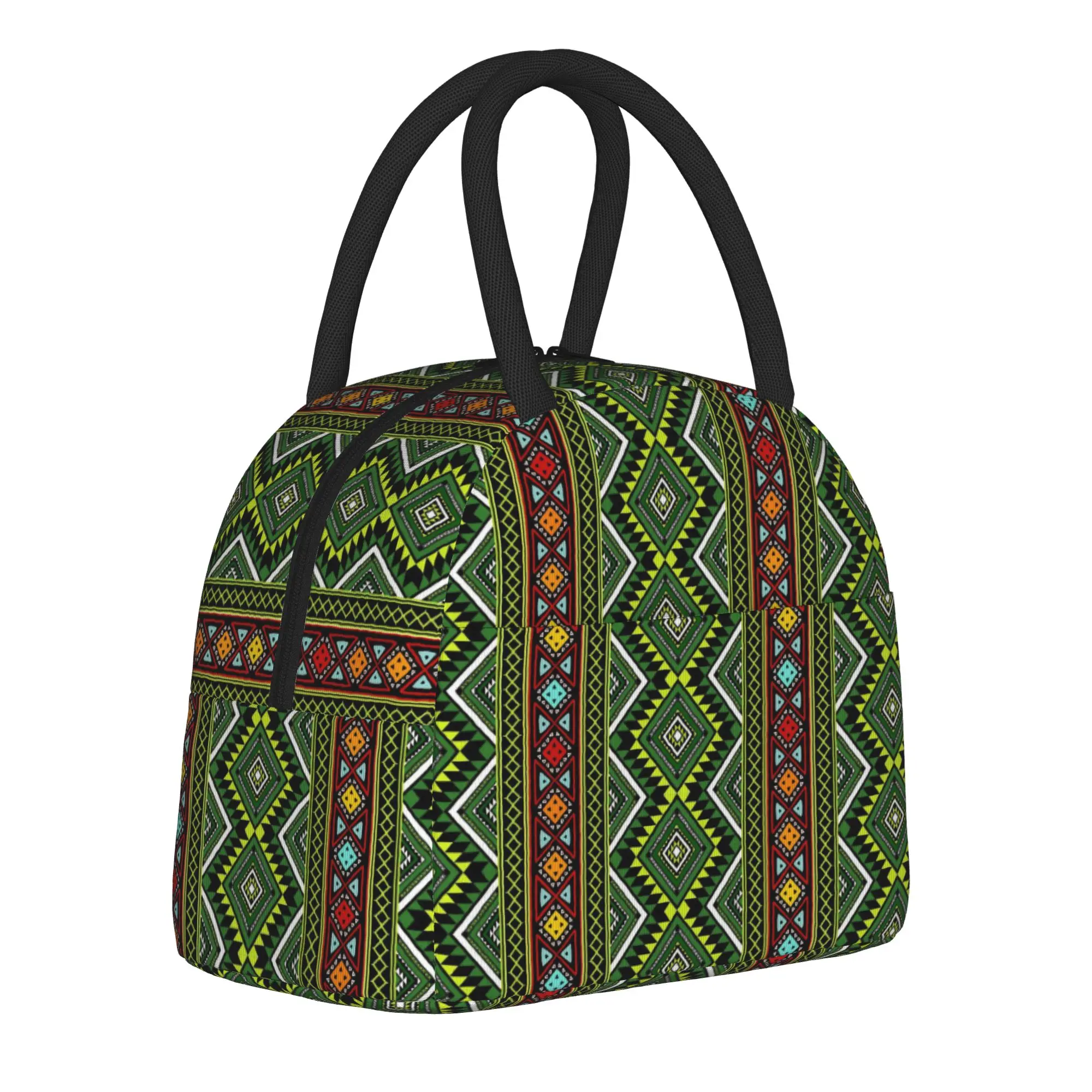 African Ethnic Tribal Ankara Tote Thermal Cooler Bag Geometric Stripe Reusable Insulated Lunch Bags Causal Container Box School