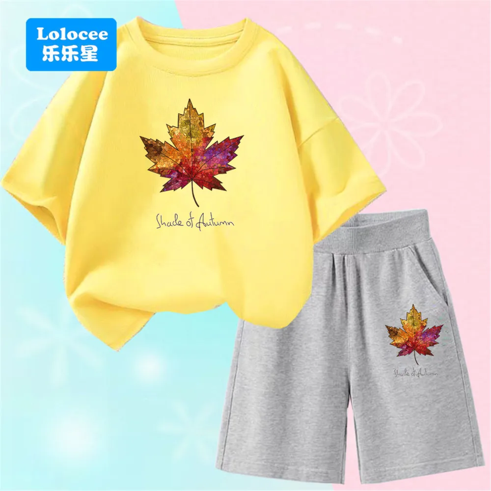 Комплект одежды Lolocee для девочек, топ с короткими рукавами и шорты с принтом кленового листа, комплект из 2 предметов, модный и удобный комплект детской одежды FY1