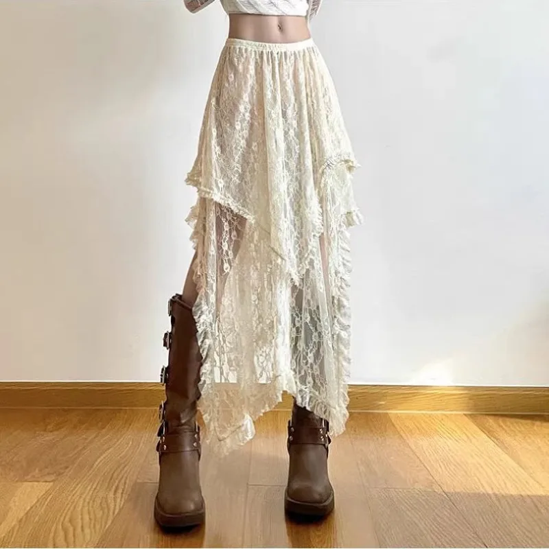 

Vintage Solid Irregular Ruffle Midi Long Holiday Skirt Ins Multi Layer Summer Lace Fairycore Boho Aesthetic High Waist Outfits