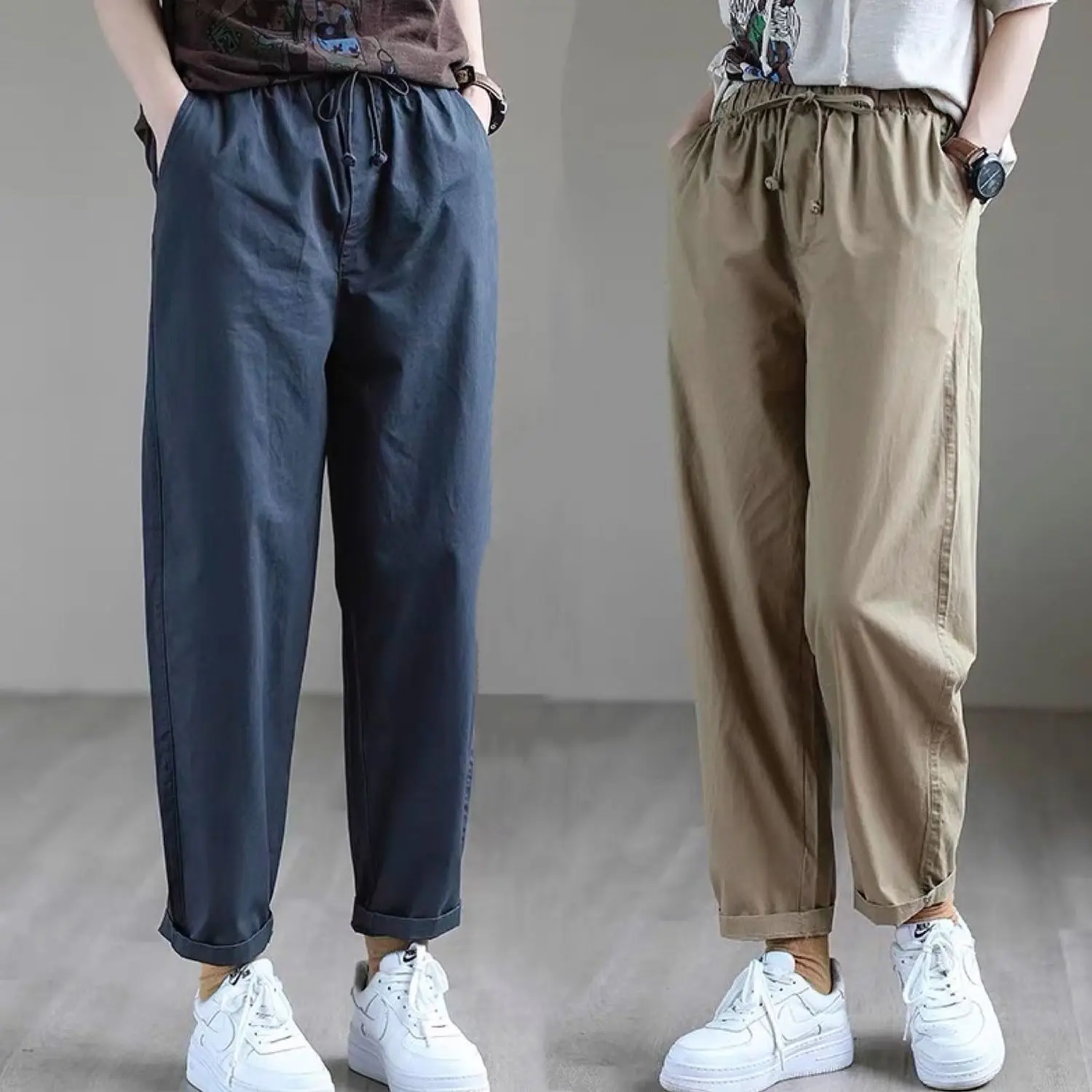 

Spring Autumn Fashion Casual Loose Trousers For Women Simple Straight Cotton Solid Color Drawstring High Waist Female Harem Pant