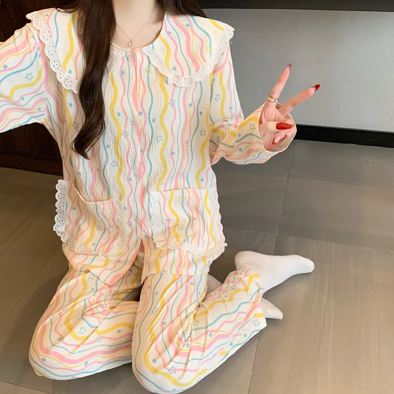 New Women's Spring and Fall Pajamas Homewear Set Wrinkled Cloth Sweet Girl Students Long-Sleeved Casual Pajamas Homewear Set