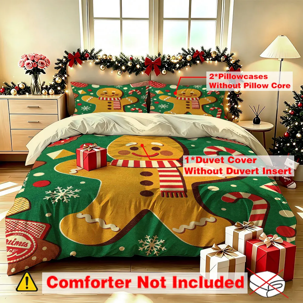 Christmas Duvet Cover Set 3Pcs Cute Gingerbread Man Candy Cane Print Soft Microfiber Bedding with Pillowcases