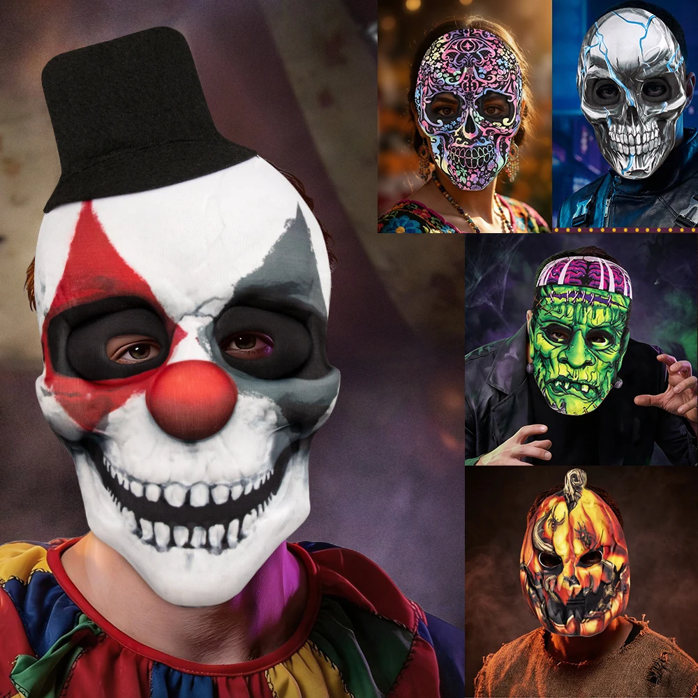 Horror Clown Skull Pumpkin Witch Masks Halloween Robot Half Face Masks Scary Flower Skull Party Carnival Costumes Helemet Props