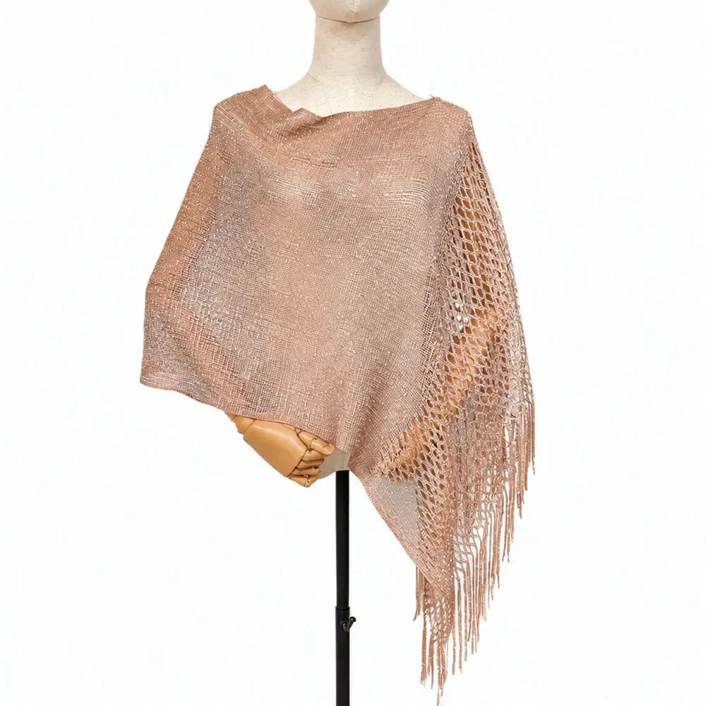 Elegant Hollow Out Mesh Shawl Womens Metallic Tassel Cape Summer Wrap For Evening Party Wedding Guest Dress Accessory