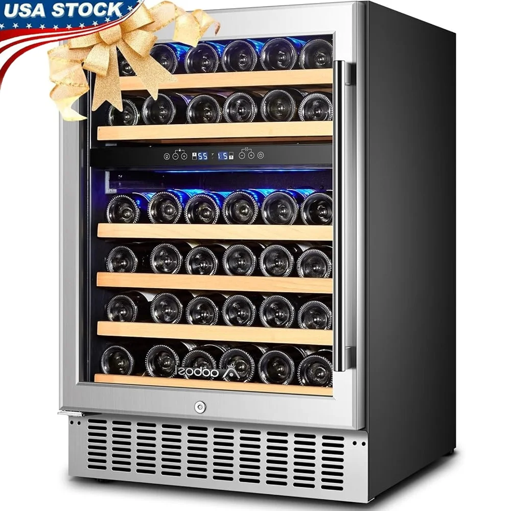 46 Bottles Dual Zone Wine Cooler Fridge Freestanding Built-in Refrigeration with Blue LED Light Quiet Compressor and UV