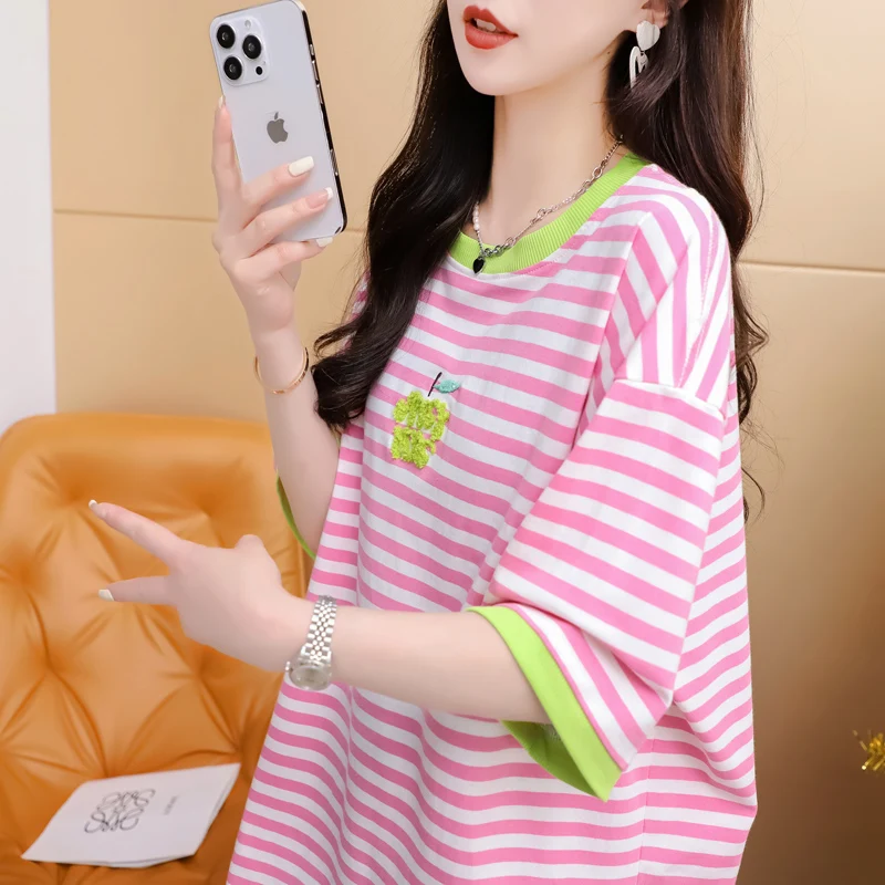 Embroidered Color Striped Short Sleeved T-shirt Women Summer 2024 New Pink Loose Cotton Tshirts  Y2k Top