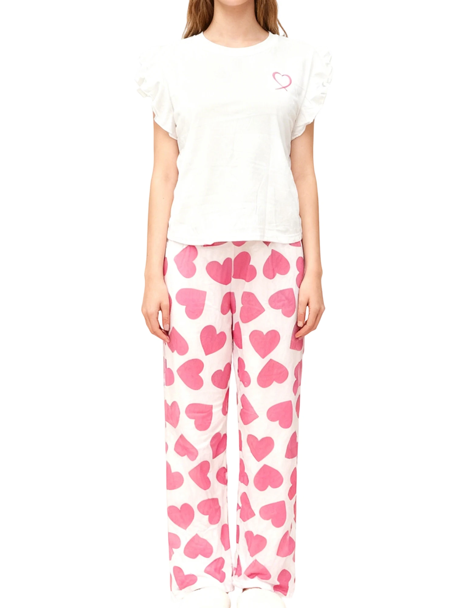 Women s Valentines Clothing Set Fashionable Heart Printed Ruffle Sleeve Tank Tops with Pants 2Pcs Outfits